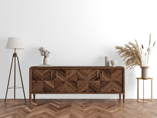 Dark Wood Cabinet Interior PNG Cutout with Herringbone Floor and Pampas Flower Decor with Cast Shadow – Transparent Wall Mockup with Realistic Shadows – 3D render