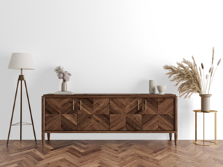 Dark Wood Cabinet Interior PNG Cutout with Herringbone Floor and Pampas Flower Decor with Cast Shadow – Transparent Wall Mockup with Realistic Shadows – 3D render