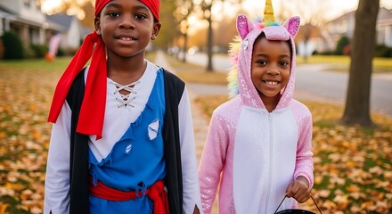 Two children dressed in halloween costumes posing outdoors on a leaf covered sidewalk area near houses