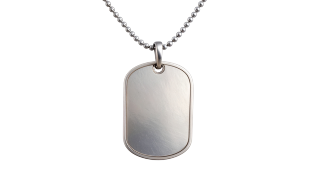 Silver military dog tag suspended from beaded chain, metallic surface gleaming against transparent backdrop