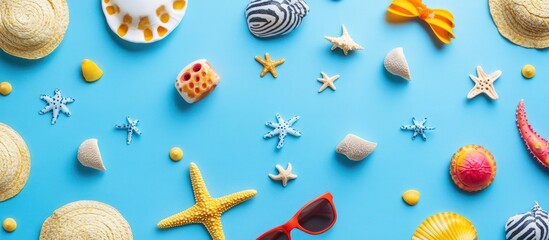Colorful seashells, starfish, and hats on a light blue surface