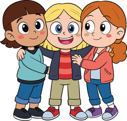 Three happy cartoon friends hugging, smiling brightly, wearing colorful casual clothes.