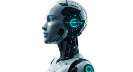 Profile view of a futuristic, detailed robot head and upper body.