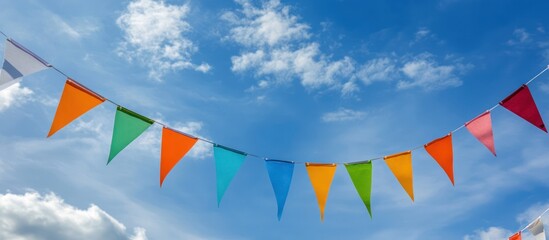 Colorful triangular flags strung against a bright blue sky with puffy white clouds