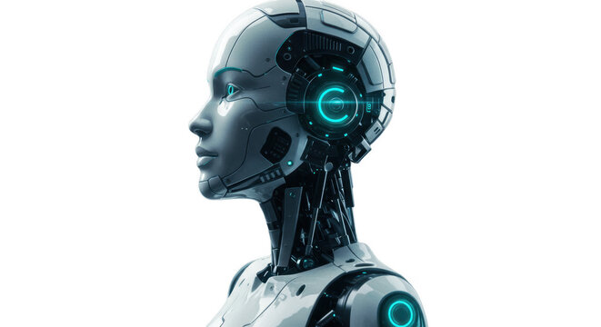 Profile view of a futuristic, detailed robot head and upper body. - Powered by Adobe