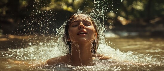 Woman in a natural pool, splashing water on her face
