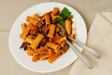 Delicious beef stew with rigatoni pasta and vegetables garnished with parsley
