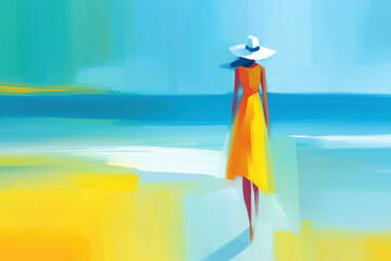 A woman in a yellow dress and hat walks on an abstract beach. Modern, painterly illustration of a summer vacation, with a vibrant, colorful sea landscape and copy space.