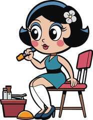 Girl sitting on chair with pedicure bucket and cosmetics.