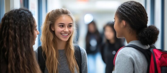 Three teen girls chatting in a school hallway