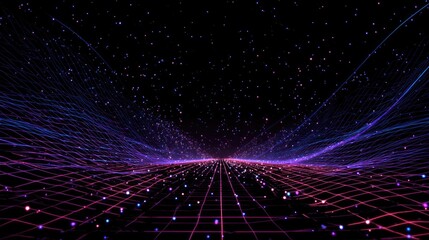 Floating neon geometric grid in perspective view with glowing nodes and motion lines