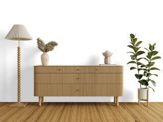 Modern Scandinavian Dresser Cabinet PNG Cutout with Floor Lamp, Pampas Vase and Rubber Plant with...