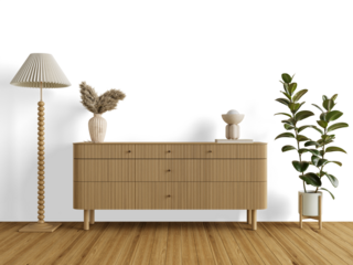Modern Scandinavian Dresser Cabinet PNG Cutout with Floor Lamp, Pampas Vase and Rubber Plant with Shadow – Transparent Wall Mockup with Realistic Shadows – 3D render