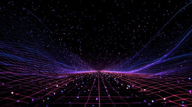 Floating neon geometric grid in perspective view with glowing nodes and motion lines