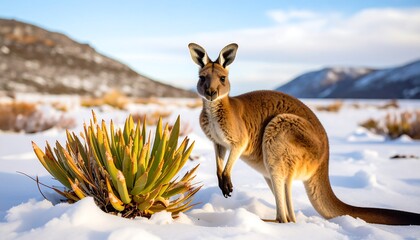 Australian Kangaroo Standing in Snowy Winter Landscape with Golden Bush and Blue Sky