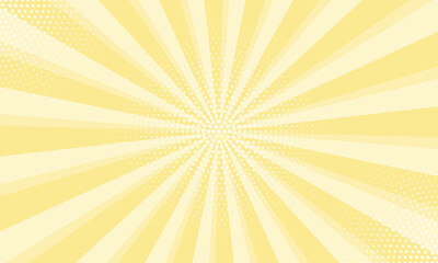 Radiant yellow background. Pop art comic book background. Sunburst yellow background with radial lines and halftone dots. 