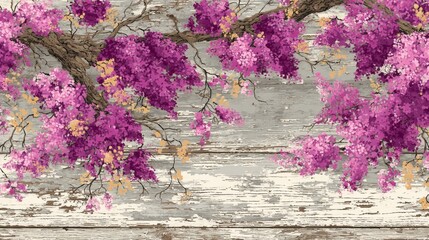 Vibrant illustration of gnarled brown tree branches adorned with cascading clusters of blooming pink and purple flowers, accented by yellow blossoms, 