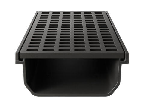 Water drainage channel for a swimming pool area, made with UV-resistant polypropylene to withstand sun exposure.