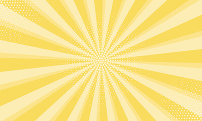 Radiant yellow background. Pop art comic book background. Sunburst yellow background with radial lines and halftone dots. 