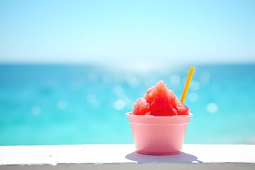 Strawberry shaved ice dessert in a cup at a seaside café terrace with an ocean view and blue sky in summer