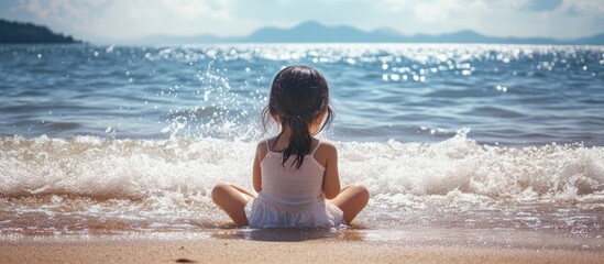 Child sits on beach, ocean view