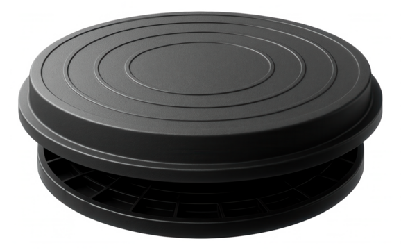 Double-layered polymer sand manhole cover for extra durability in a private residence.