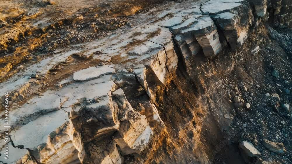Poster ground collapsing dramatically near cliff edge, revealing destructive power of seismic forces destab