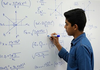 Teenager Solving Complex Math Equations on Whiteboard