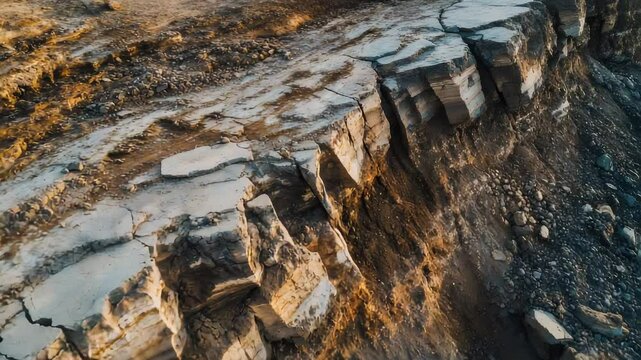 Ground collapsing dramatically near cliff edge, revealing destructive power of seismic forces destabilizing terrain and causing significant landscape transformation during earthquake event