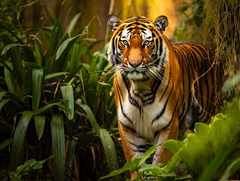 Regal Bengal Tiger Resting Calmly on Rock in Lush Jungle. - Powered by Adobe