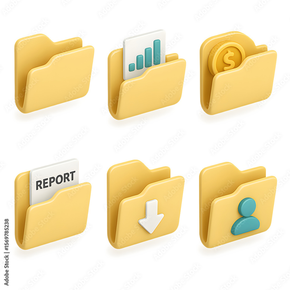 Poster 3d isometric ui ux set transparent background yellow file folder icons for design projects. high-qua
