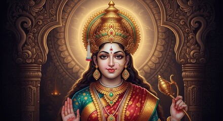 Fototapeta premium A radiant Hindu goddess adorned in ornate gold jewelry and vibrant silk sari bestows blessings with a gentle hand