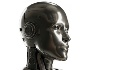 Close-up profile view of a metallic robot head, showcasing intricate mechanical details.