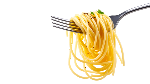 Stainless steel fork lifting tangled spaghetti strands, displaying golden pasta against clean white surface