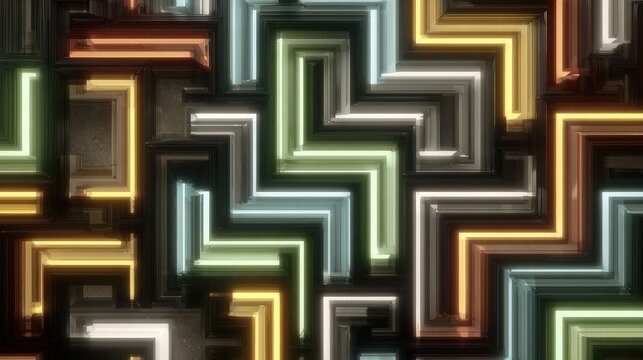 Interwoven lines and geometric patterns forming a visual loop in neon over black