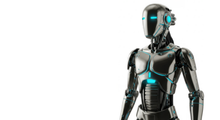 Metallic robot figure, futuristic design, standing against a white background.