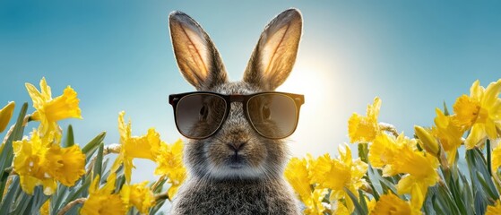 Fototapeta premium The cool rabbit enjoying a sunny day amidst blooming daffodils.