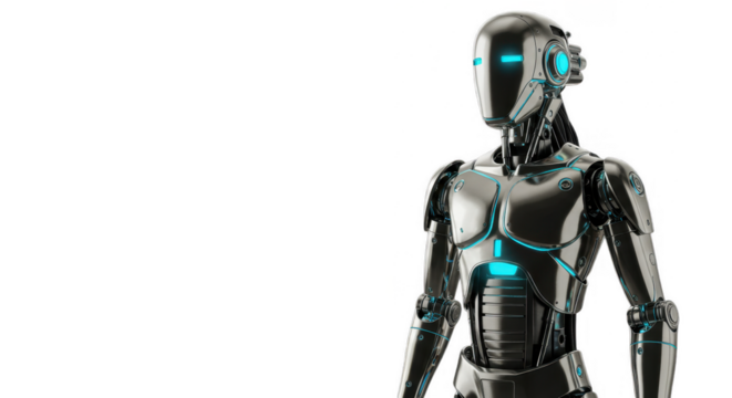 Metallic robot figure, futuristic design, standing against a white background.