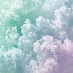 Mint, buttercream, and lilac pastel clouds melt into feathery mist, creating a cotton-candy sky. Soft, dreamy, and ethereal with gentle, shimmering color gradients and airy textures.
