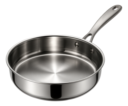 A saute pan with a reflective interior for visible changes in food during cooking in a home kitchen