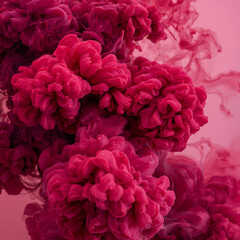 Plum, cherry red, and rose pink clouds swirl like liquid paint in air. A dreamy, floating fusion of oil-smoke and digital art, rich in contrast, motion, and ethereal beauty.
