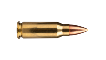 Large caliber bullet isolated on transparent background, perfect for compositions related to war, hunting, or crime