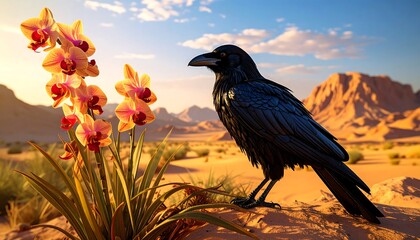 Black Bird and Vibrant Orchids in Golden Hour Desert Landscape at Sunset