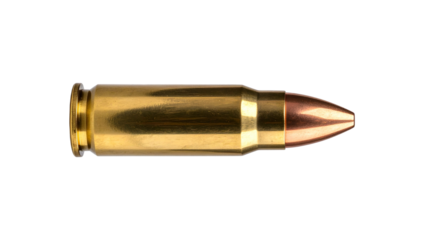Large caliber bullet isolated on transparent background, perfect for compositions related to war, hunting, or crime