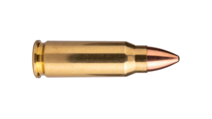 Large caliber bullet isolated on transparent background, perfect for compositions related to war, hunting, or crime