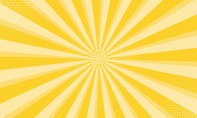 Radiant yellow background. Pop art comic book background. Sunburst yellow background with radial lines and halftone dots. 