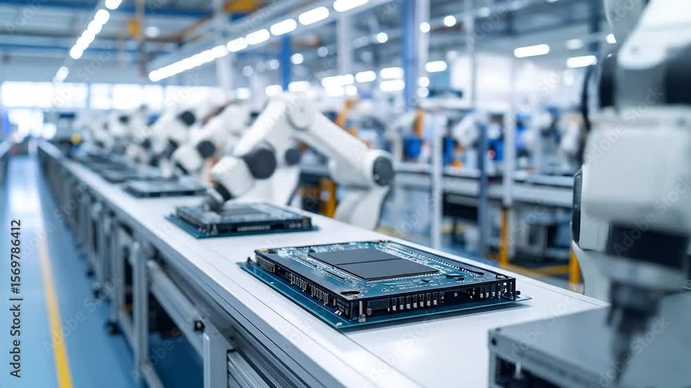 Poster automated assembly line with robotic arms working on circuit boards