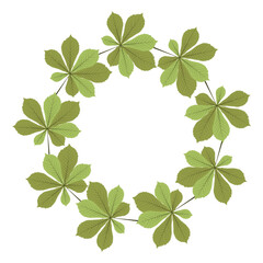 Hand drawn green chestnut leaf circle frame. Vector wreath border of autumn leaves. Seasonal illustration. Template for poster, postcard.