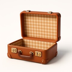 Vintage brown leather suitcase open with checkered lining isolated on white background