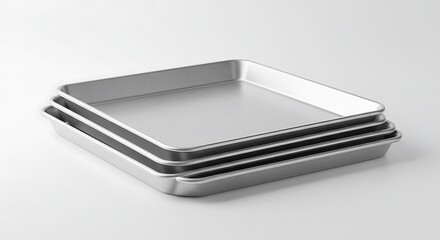 A professionally styled studio shot of three square aluminum baking pans, neatly stacked and isolated against a clean, white background with a soft shadow. 